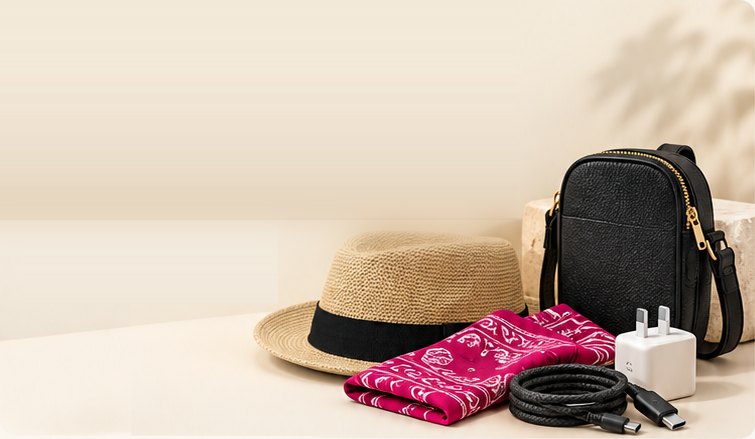 A straw hat, paisley bandana, leather bag and charging cable